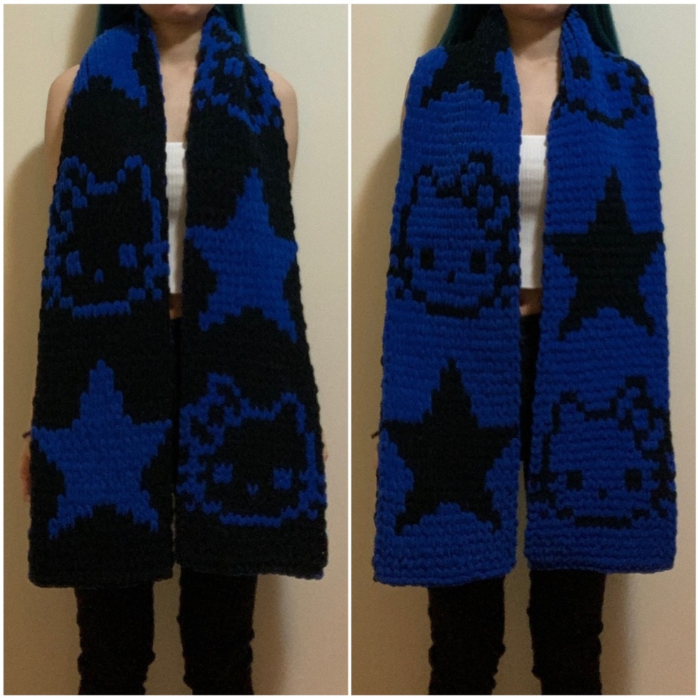 Handknit Blue Black Star Hello Kitty Chunky Chenille Knit Scarf Handmade Y2k